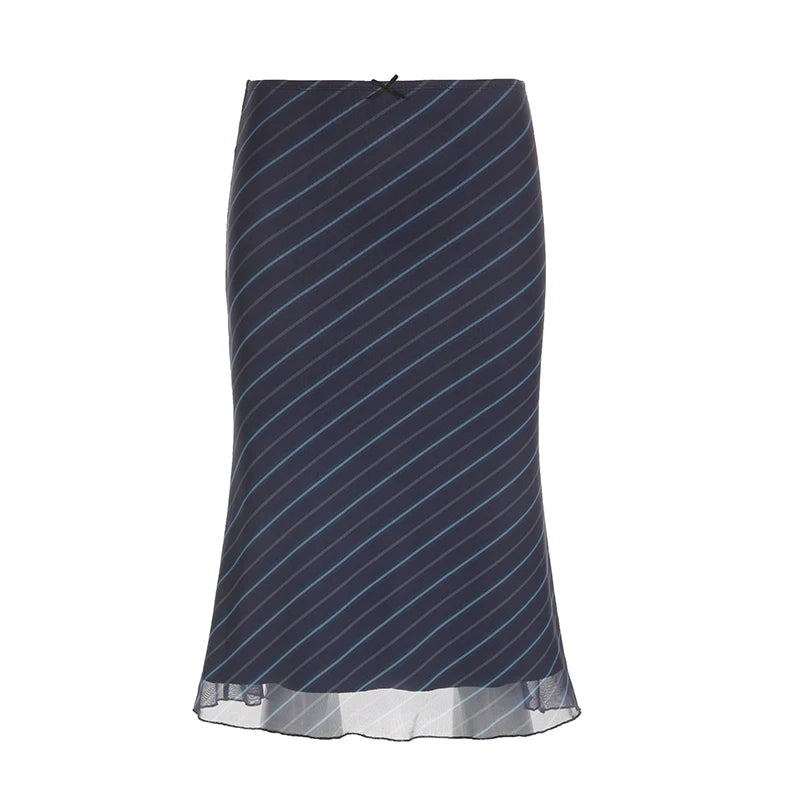 Hnewly Elegant Mesh Striped Print Midi Skirt Cute Bow Stitching Low Rise Straight Skirts for Women Vintage 2000s Clothing Summer