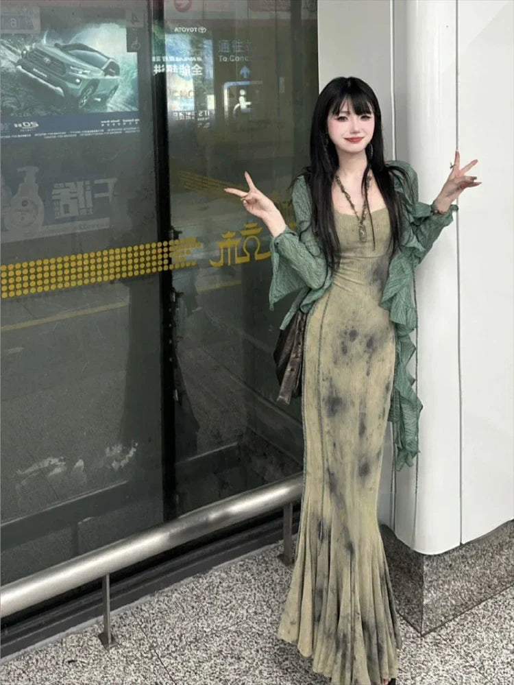 Hnewly New Chinese Style Halo Dyeing Slim Fit Camisole Dresses+ Y2k Ruffles Long Sleeve Green Cardigan Spring Two Piece Sets