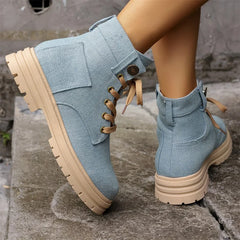 Hnewly  Autumn and Winter Fashion New Warm Solid Color Sexy Round Toe Lace-up Comfortable Square Heel Elegant Women's Short Boots