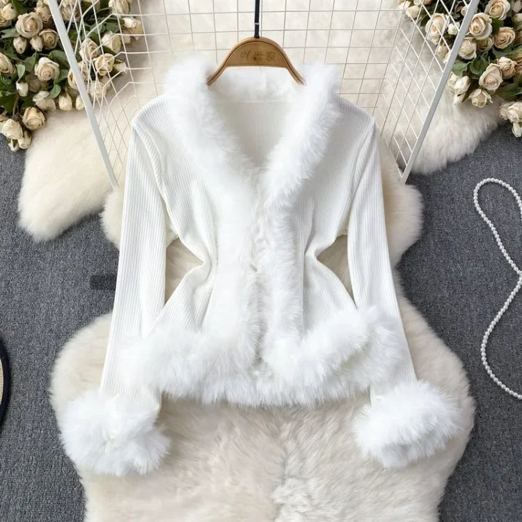 Hnewly going out outfits winter Autumn Winter V-neck Fluffy Patchwork Jackets Y2k Grunge Slim Fit Tops Mujer Vintage Fashion Long Sleeve Cardigan Coat Women