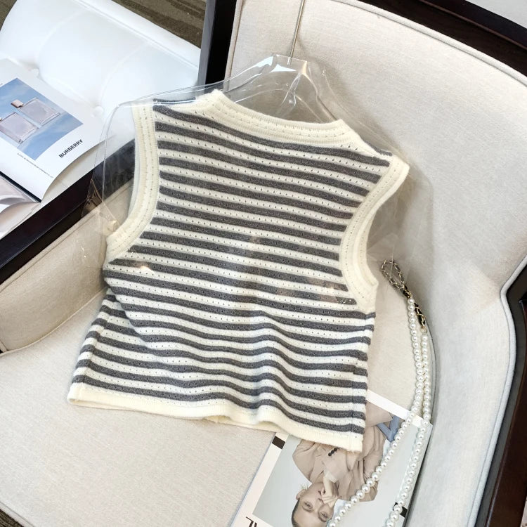 Hnewly  Spring V-Neck Striped Knitted Vest Korean Hollow Out Sleeveless Top Women's 2023 Autumn Loose All-Matched Outwear Cardigan Tank