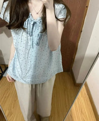 Hnewly  Women Blouse Bow Bandage Polka Dot Short Sleeve Sweet Loose Summer Fashion Shirts French Style Chic Female Tops Casual