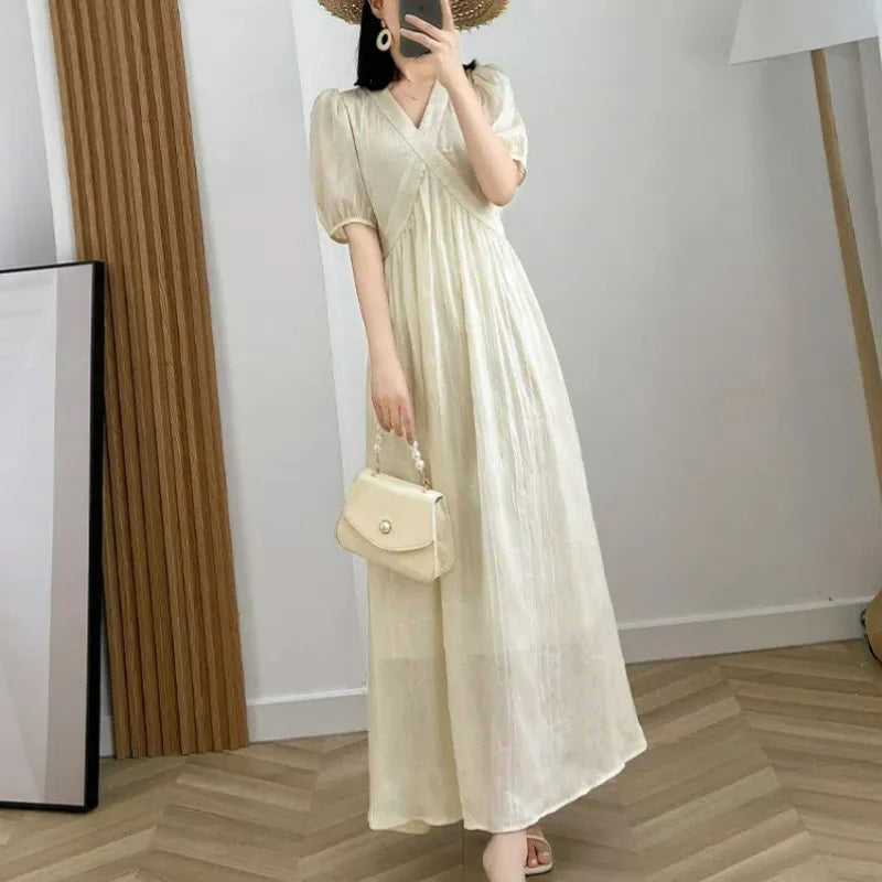 Hnewly  Women Vintage Fashion High Waist Elegant Party Long Dresses Summer V Neck Short Sleeve Solid Vacation Beach Maxi Dress Vestidos