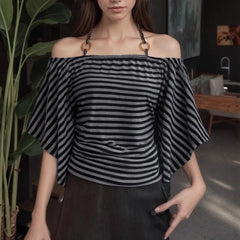 Lunivop  Euramerican Chic Fashion Vintage Halter Beading T Shirts Y2k High Street Flare Sleeve Summer Clothes Harajuku Casual Striped Top