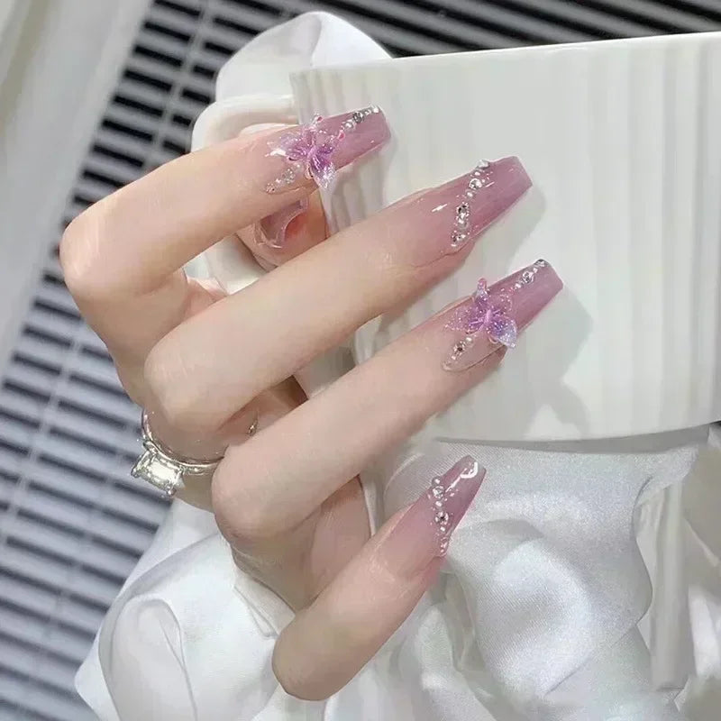 Hnewly 24Pcs False Nails French Gradient Ballet Fake Nails Press on Nails Black Heart Rhinestone Design Glitter Full Cover Nail Tips