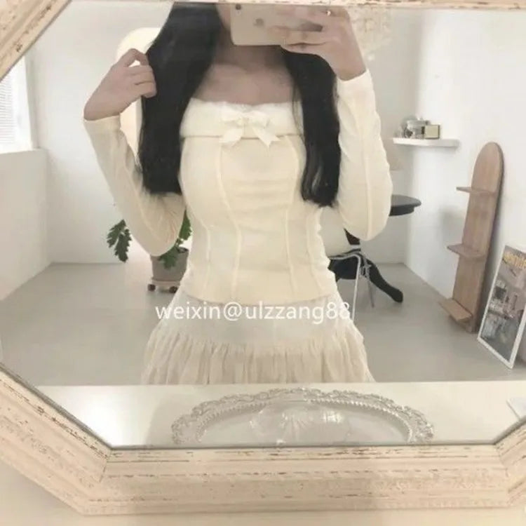 Hnewly Fashion Square Collar Bow Tops Women Spring Autumn New Thicked Warm Bottoming T-shirts Y2k Slim Fit Long Sleeve Blusas Mujer