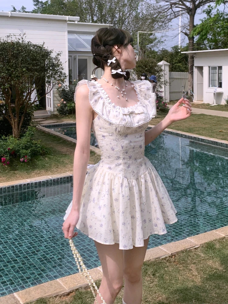 Hnewly Lolita Kawaii Y2k Colorful Dot Print Dress Women Sweet Sleeveless Mini Dress Outwear One Piece Dress Korean Fashion Clothing