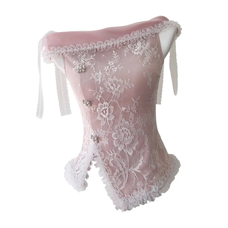 Hnewly Women's Two Piece Set Lace Patchwork Ear Fungus Edge Design Top+ High Waist Skirt Female Sets New Tide