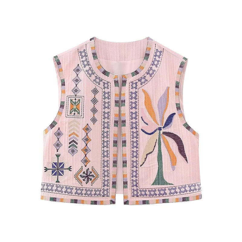 Hnewly Waistcoat Vest y2k Clothes Women Boho Embroidery Round Neck Sleeveless Open Front Jacket Tops 2000s Clothing Streetwear