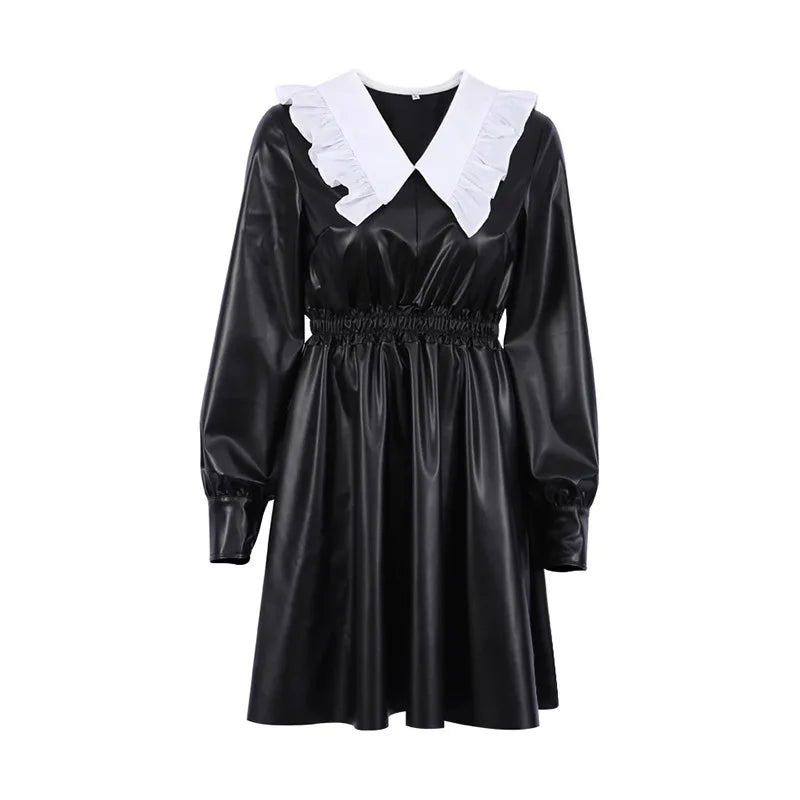 Hnewly  Tinaa Black Faux Leather Mini Dress Women Spring Fall Urban Streetwear Spliced Peter Pan Collar Long Sleeve Pu Dresses