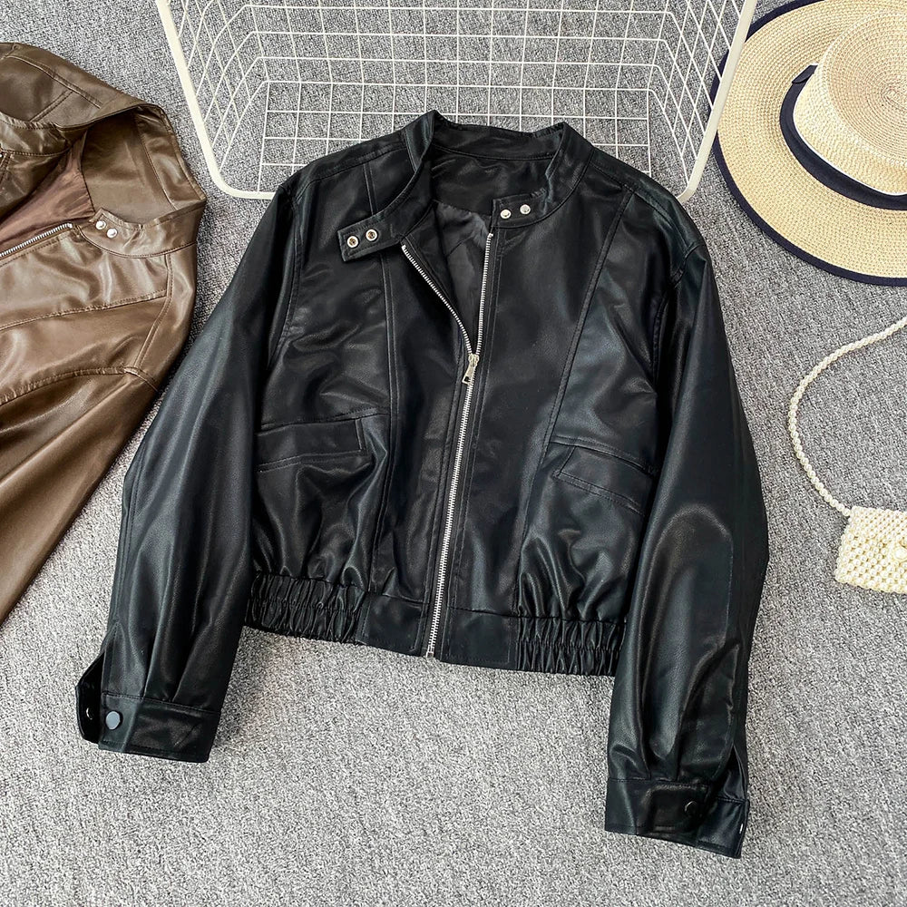 Hnewly  Retro Chic pu Leather Jacket Women's 2025 Spring Autumn Fashion Lapel Versatile Windproof Sweet&Cool BF Style Female Outerwear