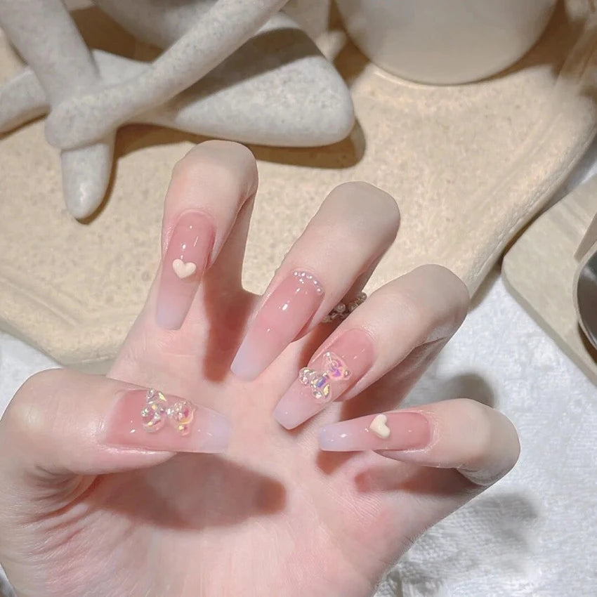 Hnewly 24Pcs/Box Gradient Color Artifical Press On Nails With Glue Long Coffin Fake Nails Lovely Girls Nail Art Ballerina False Nails