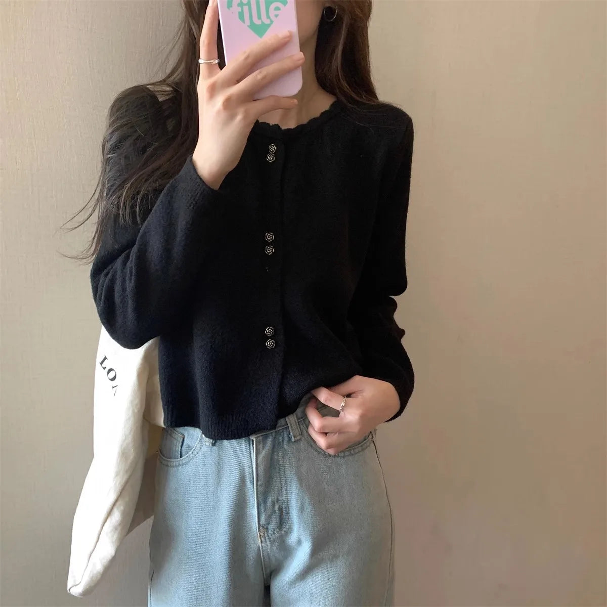 Hnewly  Sweet Short Hollowed Out Sweater Chic Buttons Long Sleeved Knitted  Cardigan Jacket Korean series Round Neck Loose Top