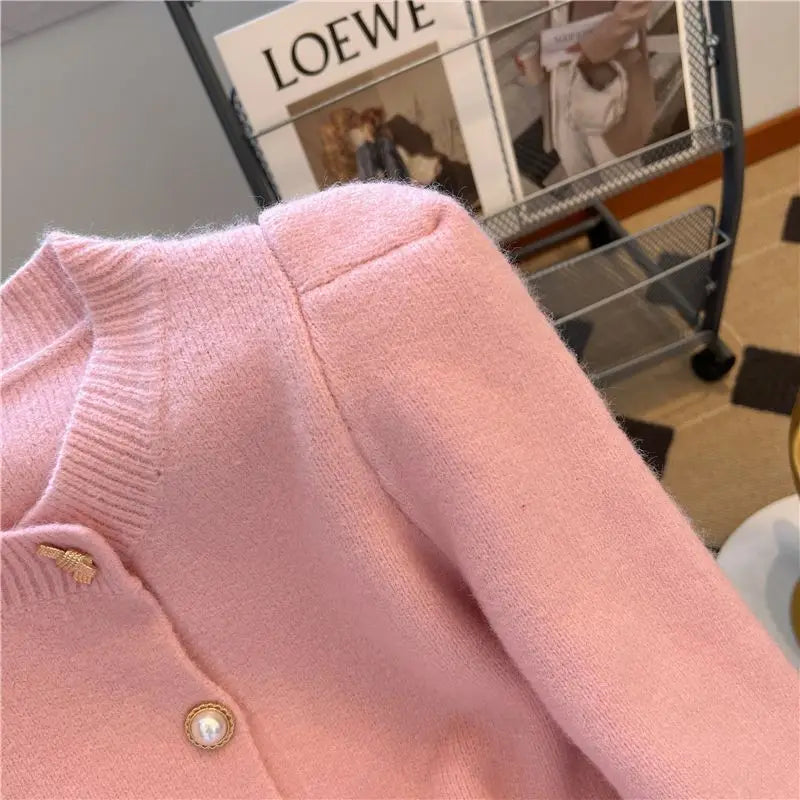 Hnewly  Elegant Metal Button Sweater Solid Long Sleeve Korean  O-Neck Puff Sleeve Knit Cardigan Coat Women Spring  Autumn Loose Top