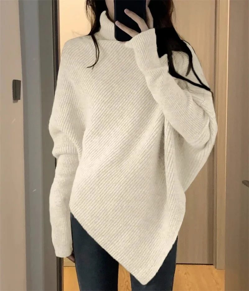 Hnewly  High Neck Irregular Sweater Women's Autumn Winter Korean Version Loose Soft Knitted Top Elegant Long Sleeved Pullover