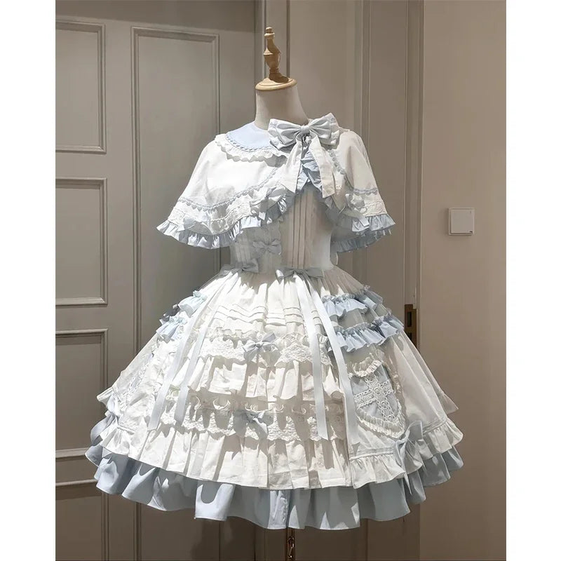 Hnewly  Blue White Sweet Lolita JSK Doll Dress Women Cute Bow Ruffles Hit Song Party Princess Dress Suit with Kawaii Short Cloak