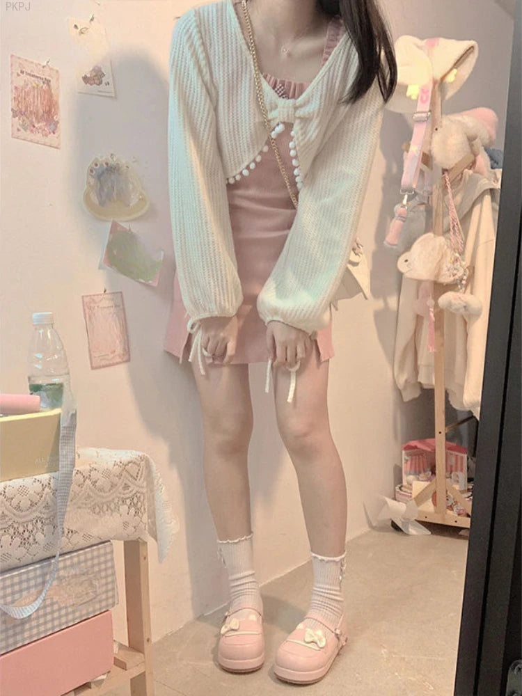 Hnewly Knitted Kawaii Lolita Two Piece Set Women Japanese Cute Sweet Dress Suit Female Korean Bow Pink Dress + Long Sleeve Coat