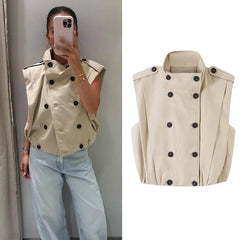 Hnewly  Women's Double Breasted Vest, Stand Collar Sleeveless Waistcoat with Shoulder Epaulettes and Pleated Hem