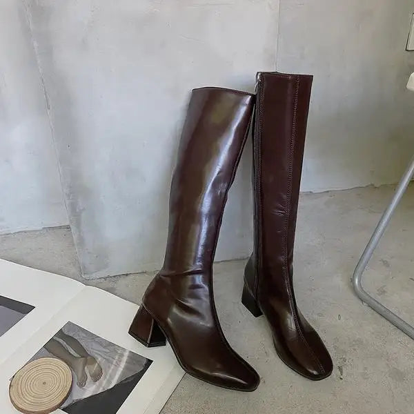 Hnewly Knee-length Boots Women Women's Rubber Shoes Sexy Square Heel Thigh High Heels Luxury Winter Heeled Booties Black