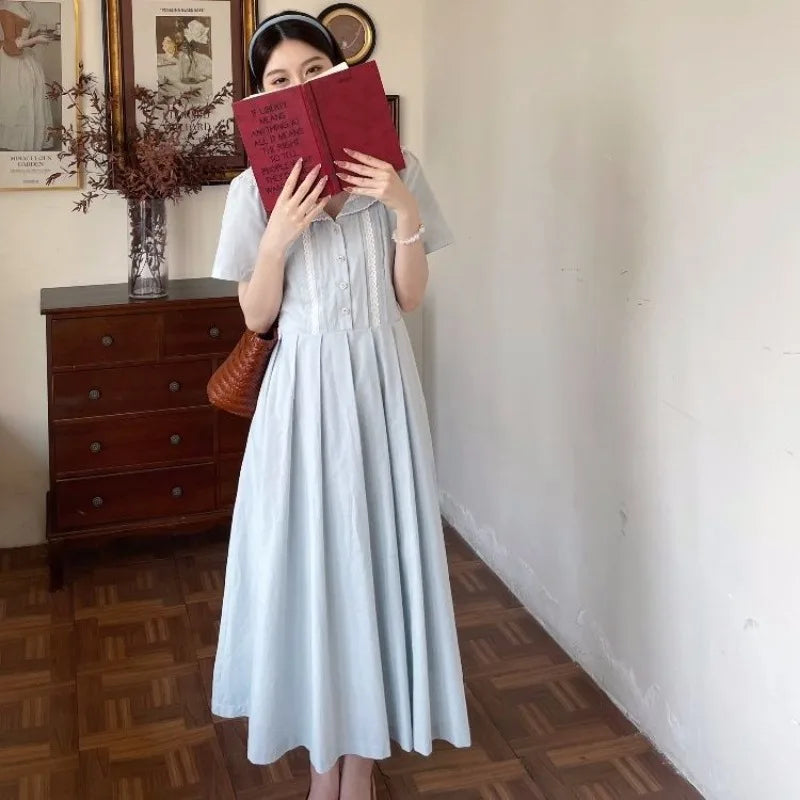 Hnewly  Women Dresses Elegant Peter Pan Collar Lace Patchwork Preppy Style Short Sleeve Summer Fashion French Style Female Dress