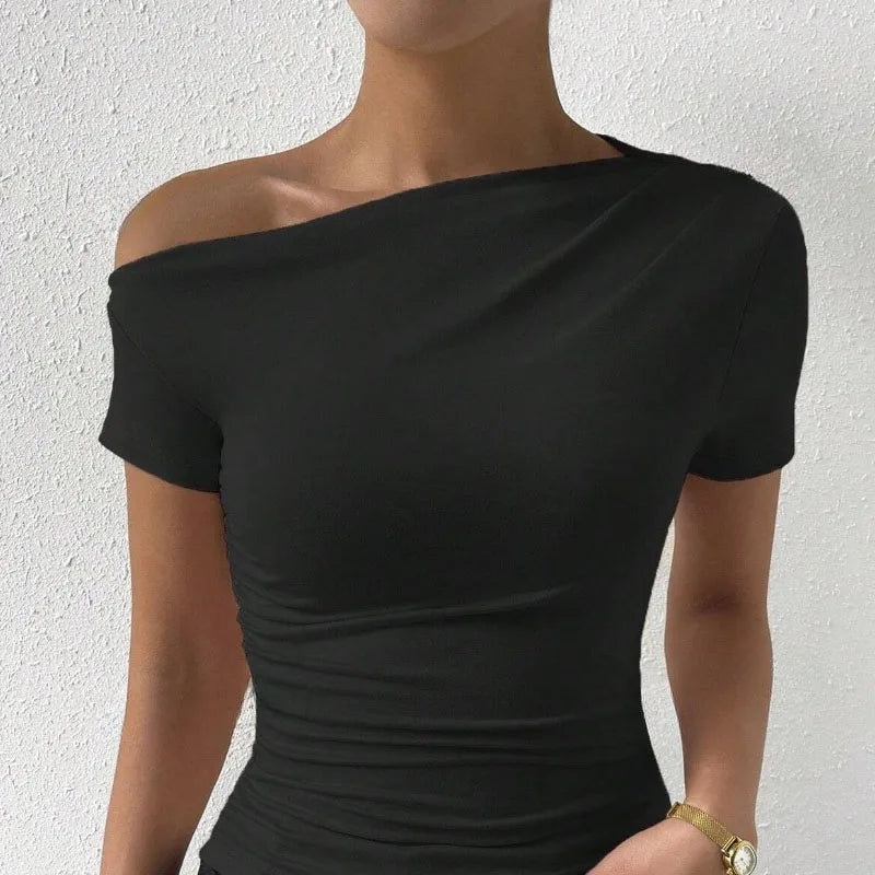 Hnewly Solid One Shoulder T-shirt, Elegant Short Sleeve Ruched Top For Spring & Summer, Women's Clothing