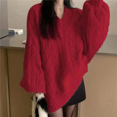 Hnewly Autumn Winter Women Sweater Harajuku Oversized Knitted Pullovers Korean Long Sleeve V Neck Knitwear Preppy Solid Loose Jumper