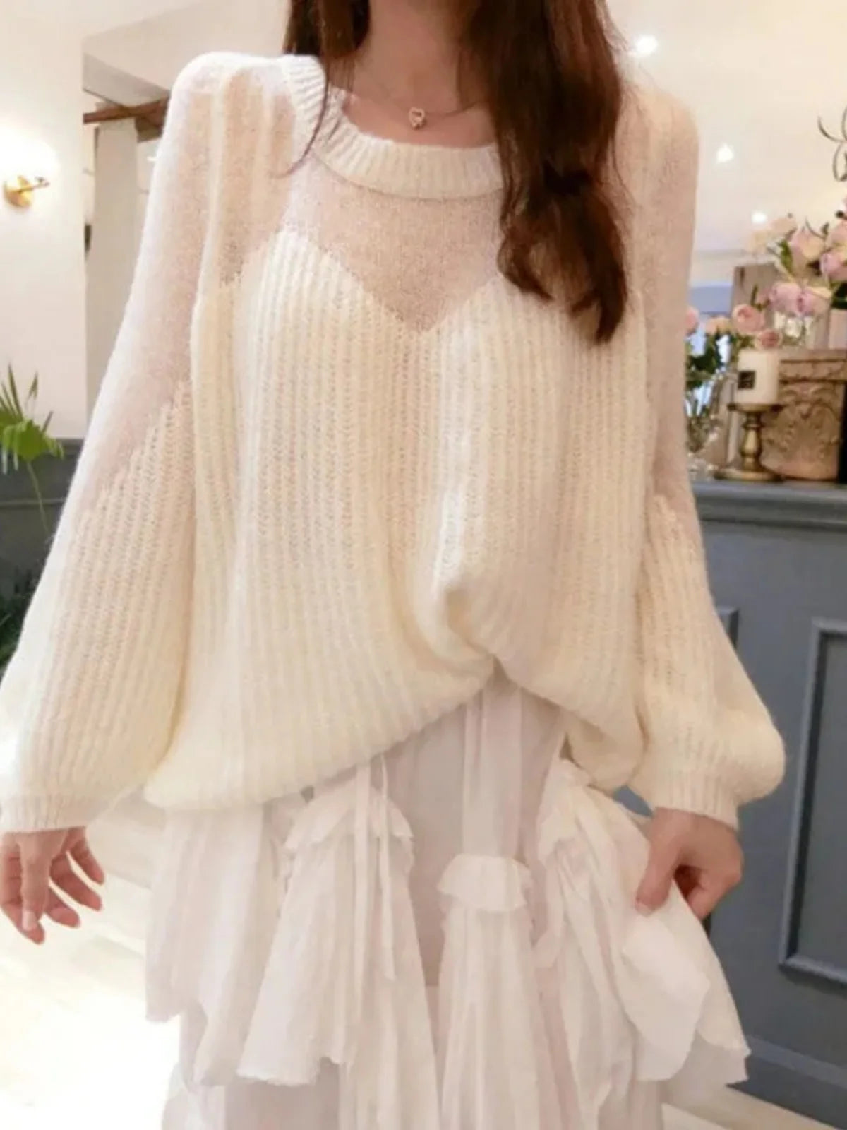 Hnewly  Semi Sheer Mohair Knit Sweater for Women See-through Bell Sleeve Crewnek Pullover Women Spring Autumn Teen-girl Faircore Outfit