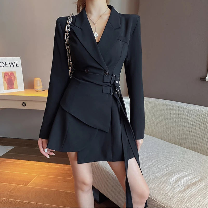Hnewly Korean Edition Black Mini Party Suit Dress Women's One Piece Office Elegant Dress Fashion Belt Design Long Sleeve Dress