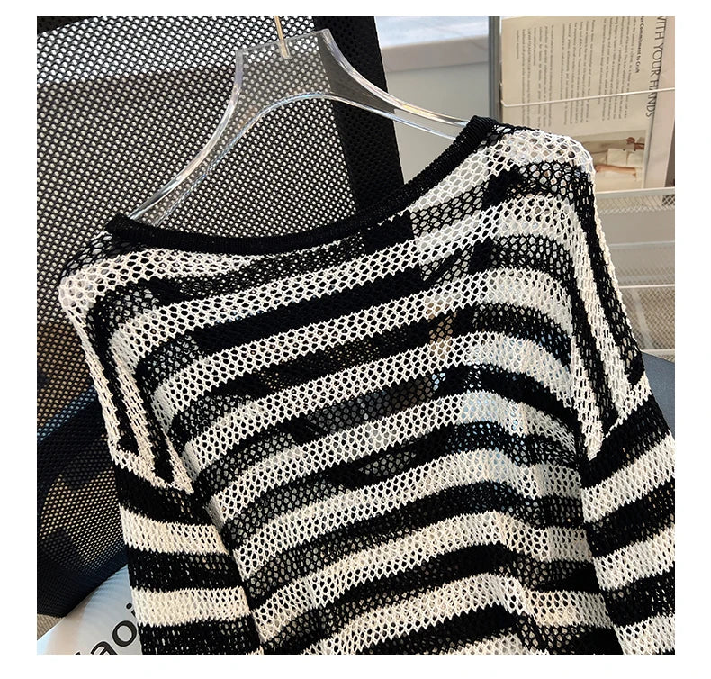 Hnewly Black White Striped Ice Silk Knitted Sweater Women Long Sleeved Loose Lazy Style Mesh Pullover Spicy Girl Hollow Out Top