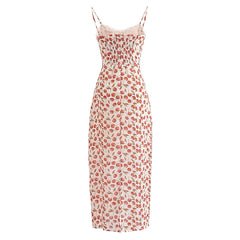 Lunivop  Retro French style Summer Cherry Print Corset Style Midi Sling Dress Sexy Women Spliced Lace V neck Back Slit Long Robe