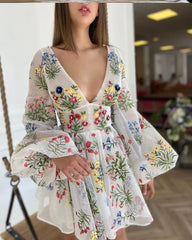 Hnewly  Elegant Lace Embroidery Design Lantern Sleeve Fairy Dress Birthday Party Gown Sweet Princess Style High Waist A-Line Skirt