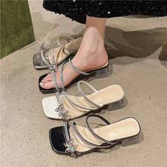 Hnewly  New Woman Sneaker Slippers Women Slides Mules Casual Square Mid Heels Women Shoes Crystal Bling Slippers Plus Size