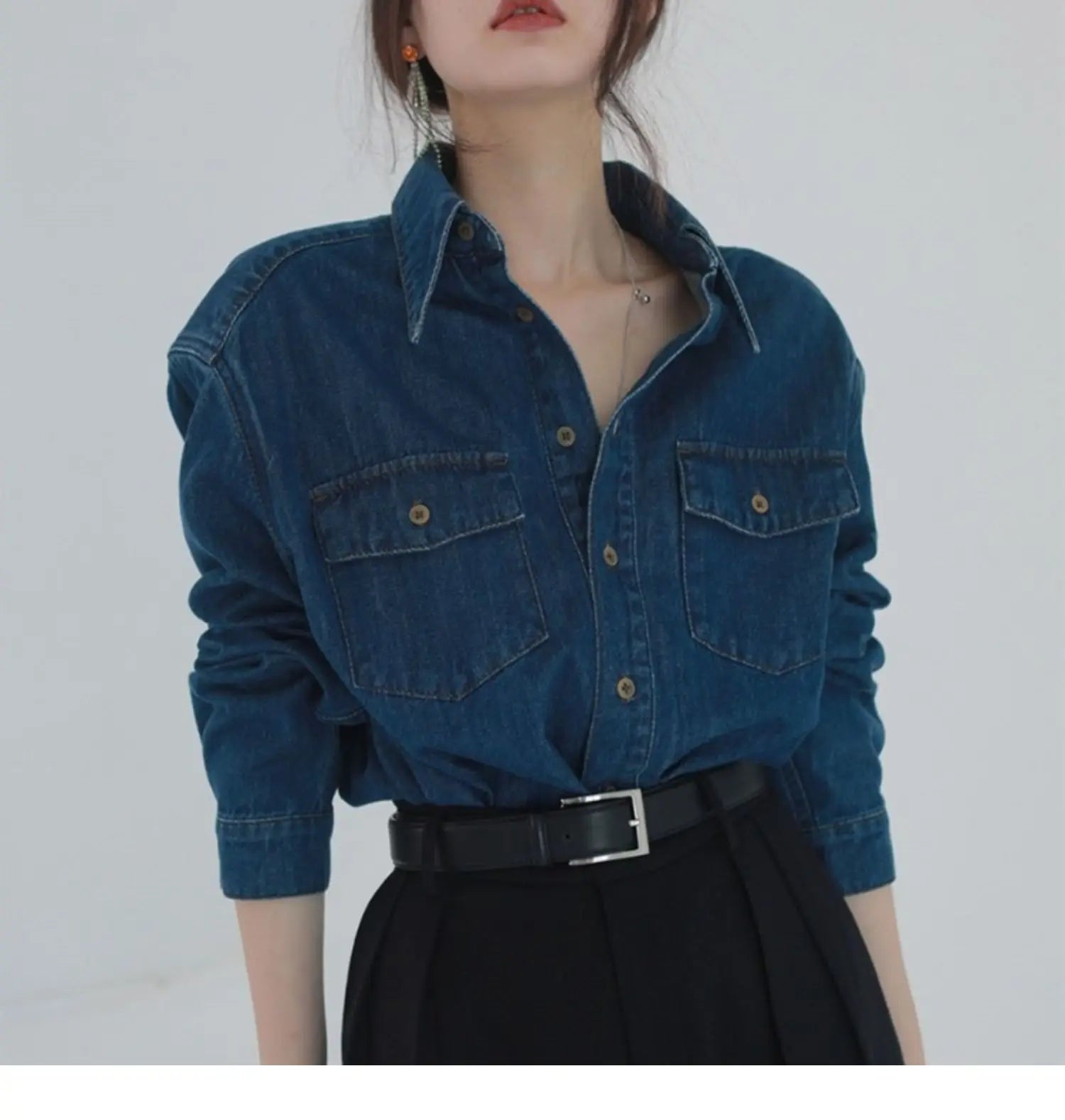 Hnewly  Women Denim Shirt Long Sleeve Polo -Neck French Retro Spring Autumn New Korean Style Slim Washed Denim Coat Femal Casual Shirt