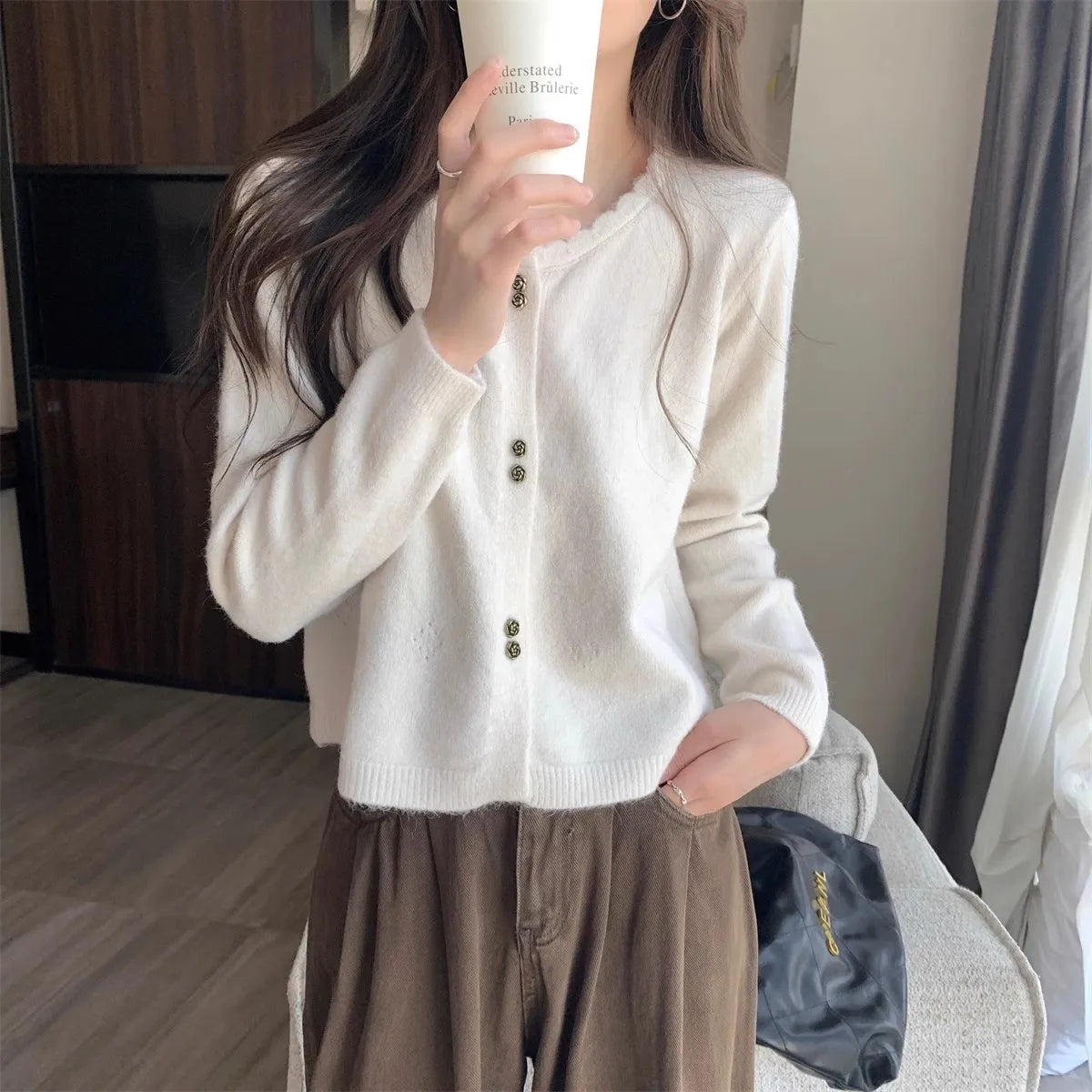 Hnewly  Sweet Short Hollowed Out Sweater Chic Buttons Long Sleeved Knitted  Cardigan Jacket Korean series Round Neck Loose Top