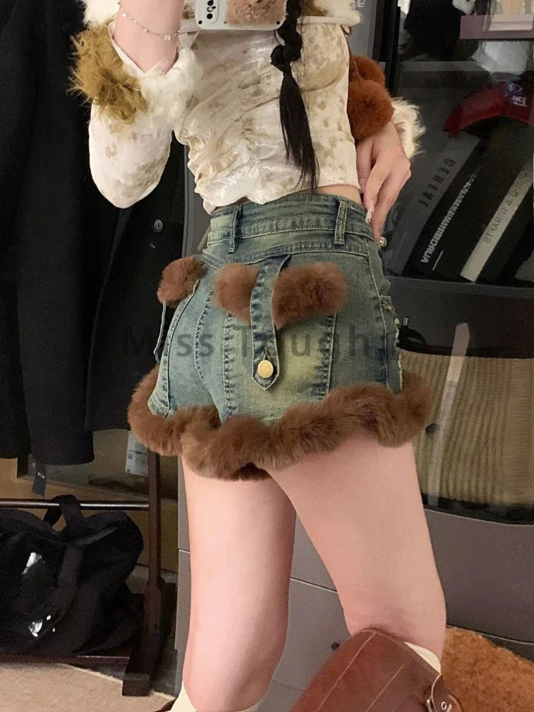 Hnewly winter club outfits American Y2k Hottie Blue Jeans Women's Spring Versatile Skinny Shorts Fashion Design Washed 2000s Fur Streetwear Slim Pants New