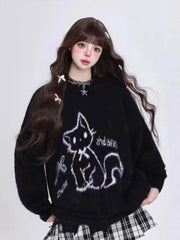 Hnewly  Kawaii Hole Sweet Sweaters Women Vintage Faux Mink Cashmere Cartoon Knitted Jumper Preppy Style Cute Japan Lazy Wind Tops