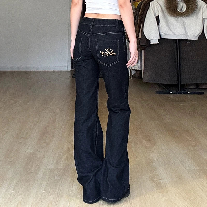 Hnewly Dark Blue Basic Jeans Streetwear Letter Embroidery  Low Rise Straight Denim Pants Women Korean Style Baggy Casual Trouser
