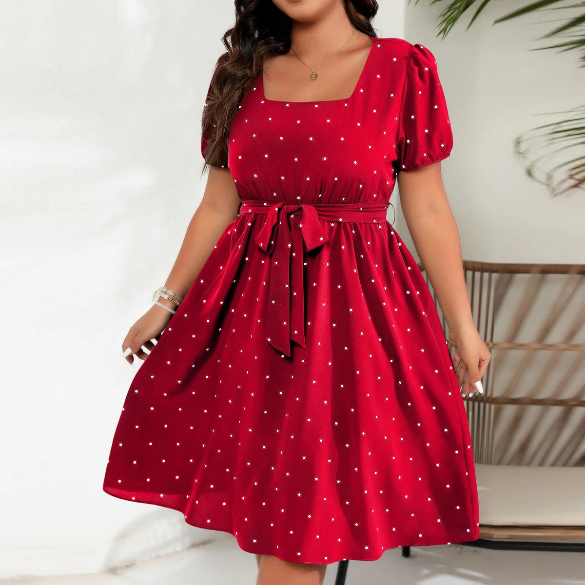 Hnewly  Plus Size Ladies Elegant Retro Polka Dot Waist Tie Square Neck Dress Classic Fashion Summer Short Sleeve Vacation A-line Skirt