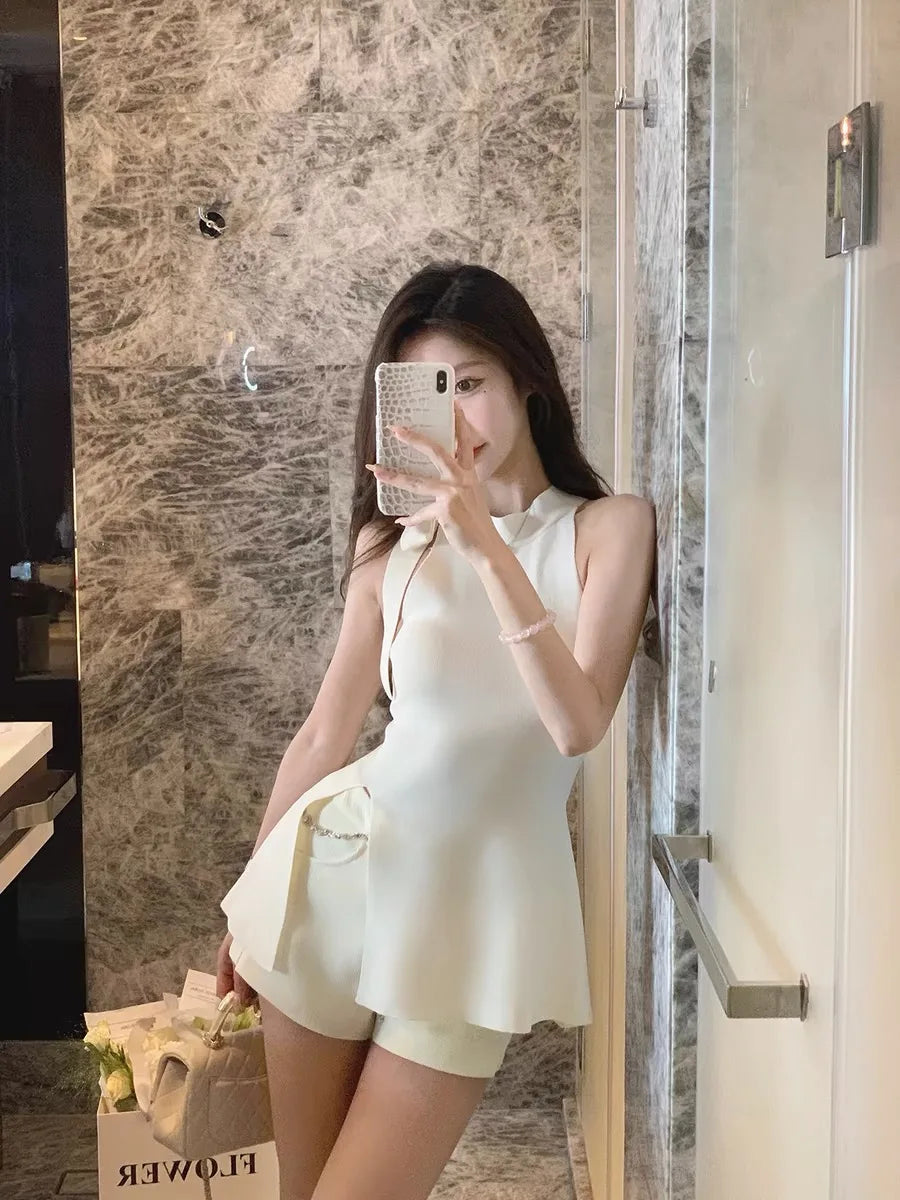 Hnewly Summer French Elegant Sleeveless Vest Blouse Women Office Lady2000s Vintage Clothing Korean Fashion Blouse Female Outwear Chic