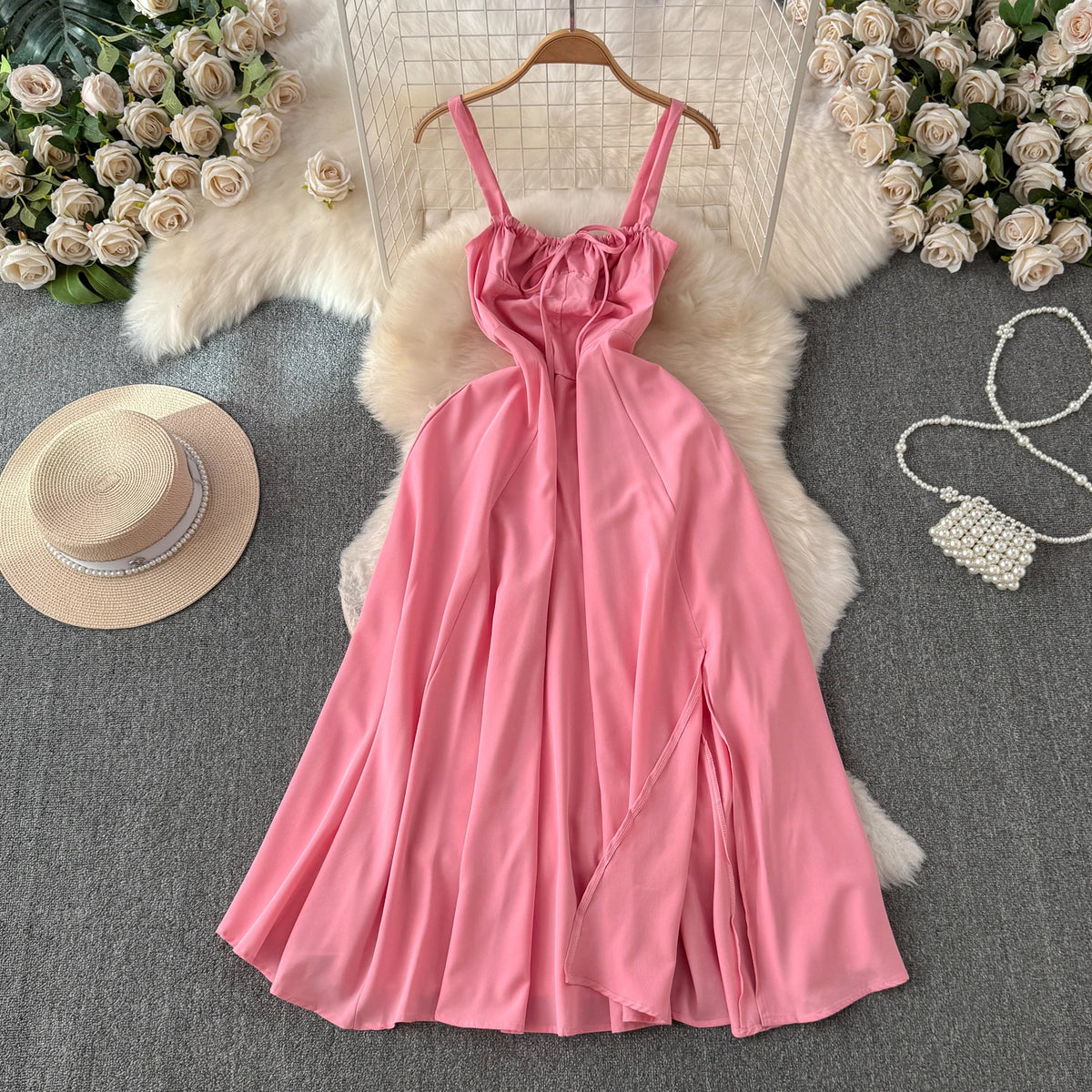 Hnewly  Beach vacation dress for women sexy summer backless waist cinched slimming A-line large swing long suspender dress