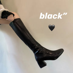 Hnewly Knee-length Boots Women Women's Rubber Shoes Sexy Square Heel Thigh High Heels Luxury Winter Heeled Booties Black