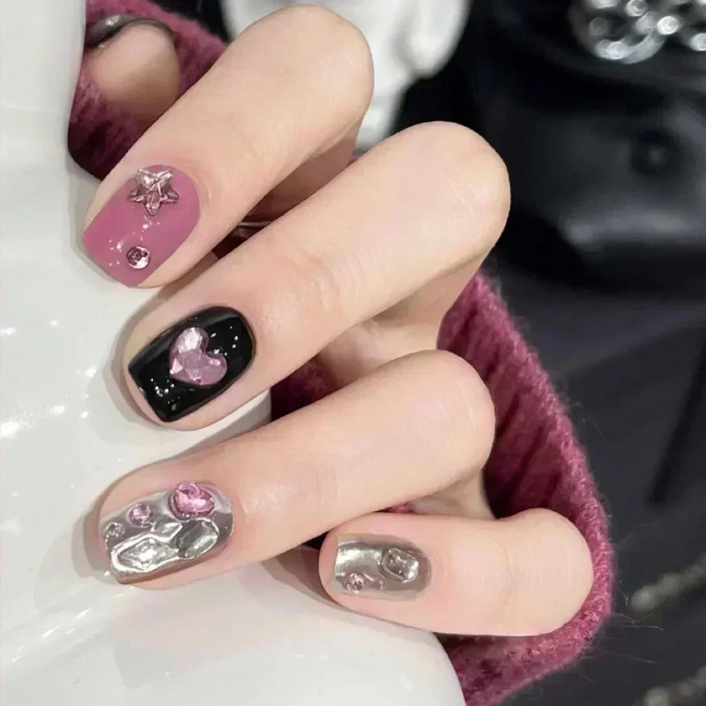 Hnewly 24pcs Detachable Short Press on Nails Y2k rhinestone False Nails with Glue Ballet Sweet Cool Girls Artificial False Nails Tips