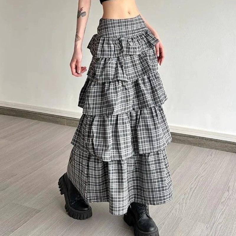 Hnewly  Vintage Plaid Skirt Women Preppy Style Sweet Ruffle Cake Long Skirt Harajuku Fashion Patchwork Layered Skirts Street