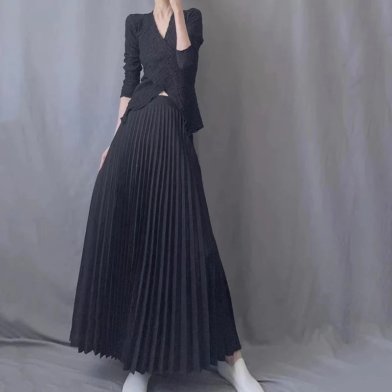 Hnewly Brand Spring Clothes Women Autumn Fashion Casual Office Lady Pleated Skirt Women New Hight Waist Solid Long Skirt