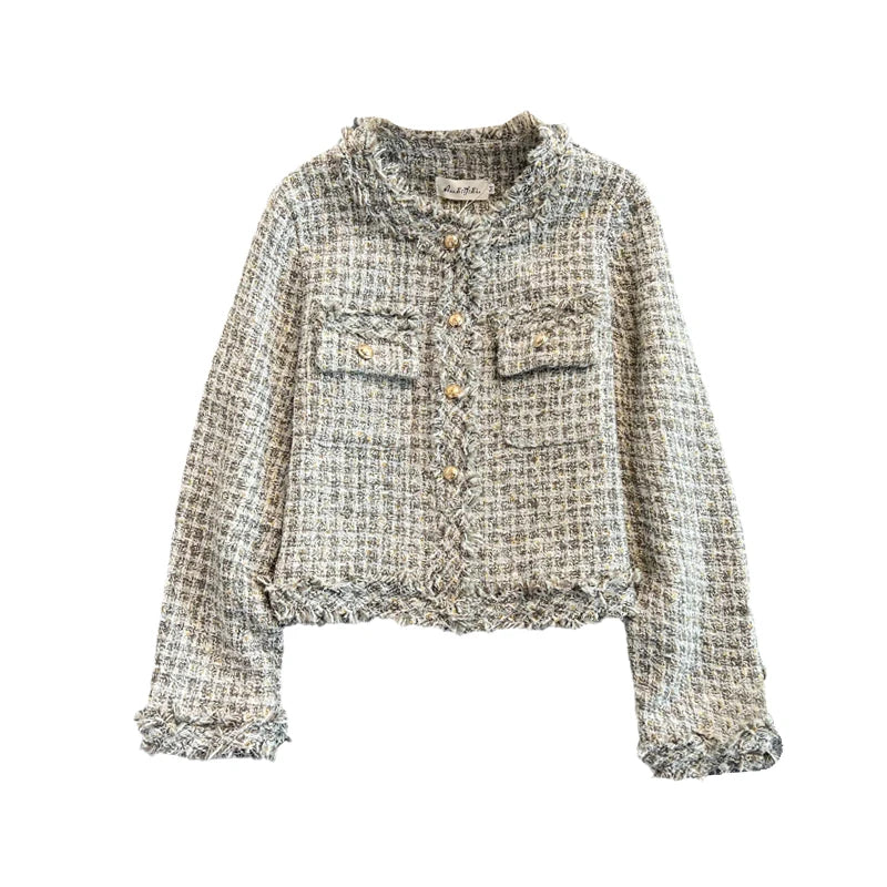 Hnewly  Woven Tweed Jacket Women Autumn Winter New Slim O-neck Single Breasted Coat Elegant Raw Edge Tassel Long Sleeve Blazer