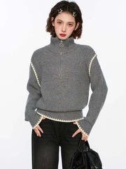 Hnewly Streetwear Retro Gray Sweaters Women Loose Harajuku Long Sleeve Knitted Pullover Y2K American Turtleneck Vintage Jumper New