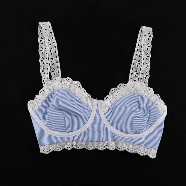 Hnewly   Lace Patchwork Camisole Vest + A-line Skirt Hot Girl Set Women's High Waist Skirt Bras Sweet Blue Beach Summer Two-piece Set