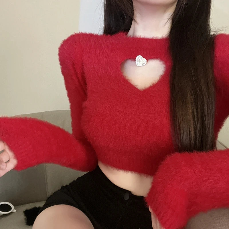 Hnewly 2025 spring fashion trend Autumn Winter New Sweater Women's O Neck Diamond-Studded Hollow Love Long Sleeve Slim Short Crop Top