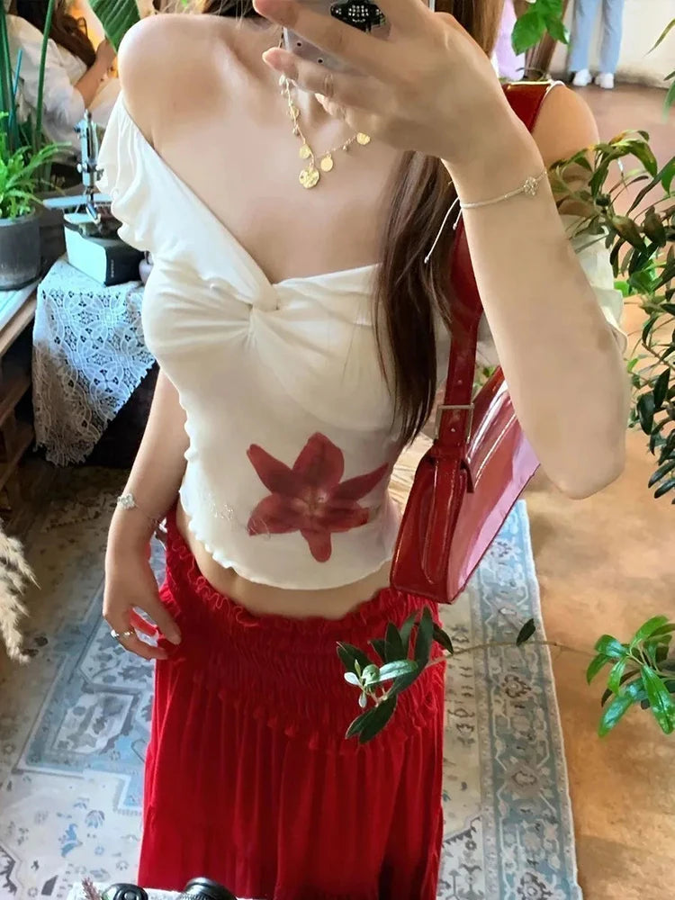 Hnewly Sexy Slash Neck Slim Tops 2 Piece Sets Y2K Femme Summer One Shoulder Tight Crop Tops High Waist Chic Patchwork A Line Skirt Suit