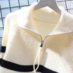 Hnewly  Half Zipper Stripe Pullover Sweater  Women Loose Knitted Base Shirt  2025 Spring /Autumn Japanese Style Long Sleeve Pullover Top